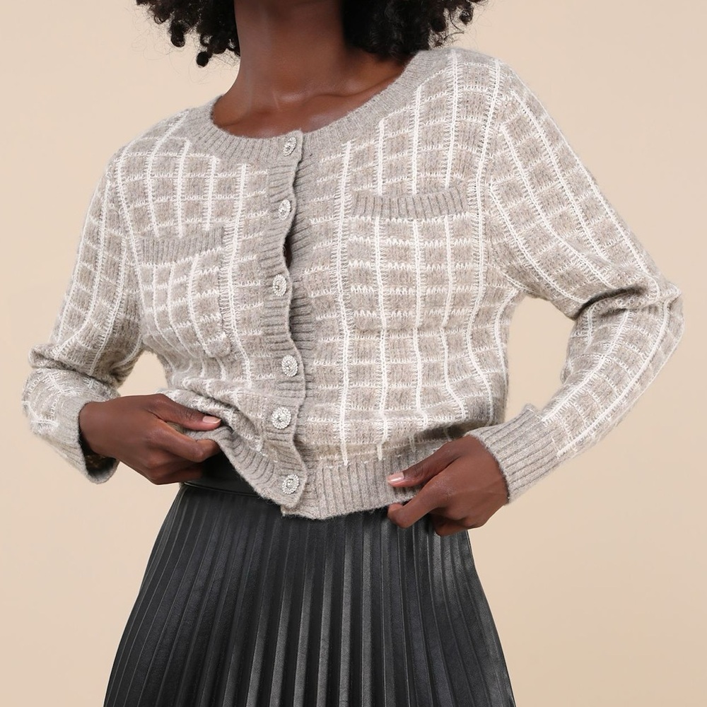 Lulu's Taupe and Ivory Checkered Sweater